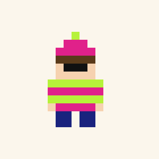 Pip: a tiny pixel person in a pink pointy hat with a lime-green ball on top, dark glasses, and a lime-and-pink striped shirt